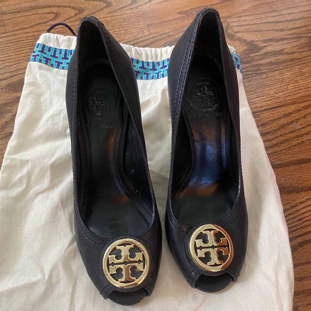 Tory Burch Black Peep-toe Wedge Platform Black Sz 6